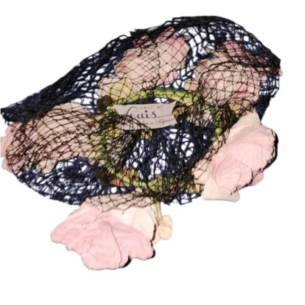 LOUIS Styled in California Vintage Floral Hat Black Net Pink Silk Roses